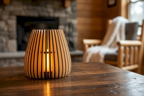 MODERNE LAMELLEN-TISCHLAMPE AUS NATURHOLZ