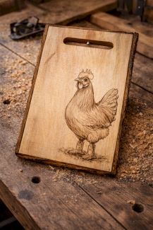 Rustikales Eichenbrett mit Baumrinde und Hühner-Gravur – 30×40 cm - Gratisinserat.ch