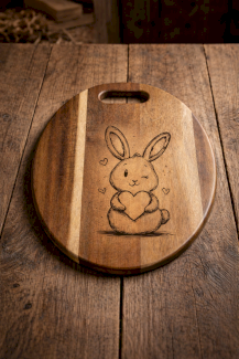 Rundes Schneidebrett aus Nussbaum und Ahorn mit Hasen-Gravur – Ø 17–20 cm / Länge 30 cm