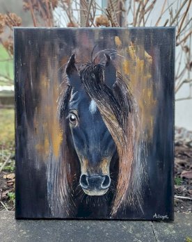 Schwarzes Pferd handgemalt. Neu.
