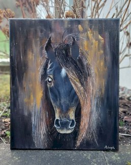 Schwarzes Pferd handgemalt. Neu.